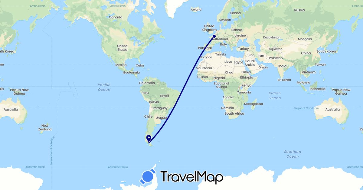TravelMap itinerary: driving in Chile, France (Europe, South America)